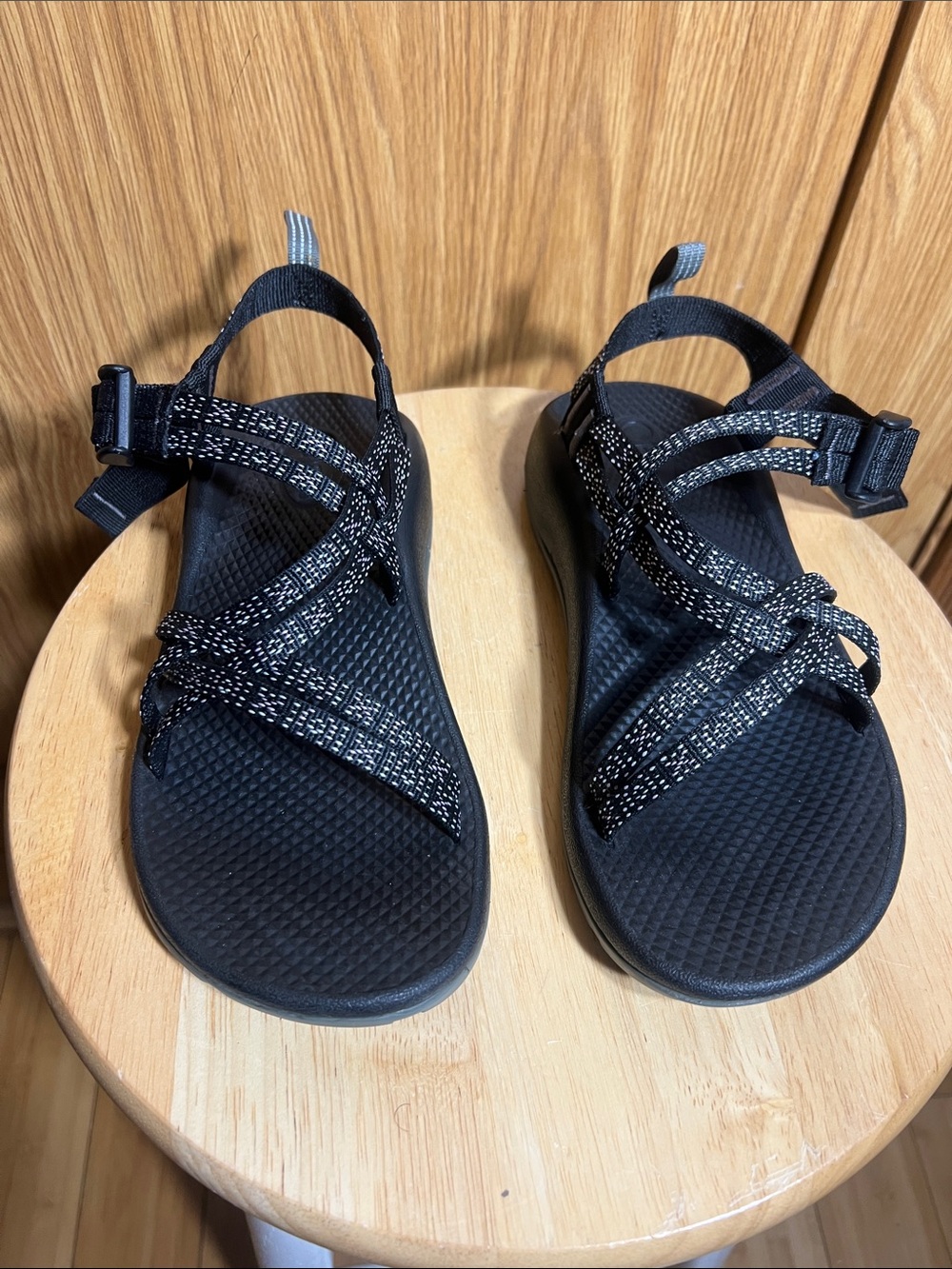 Chaco Black and White Patterned Webbing Sandals